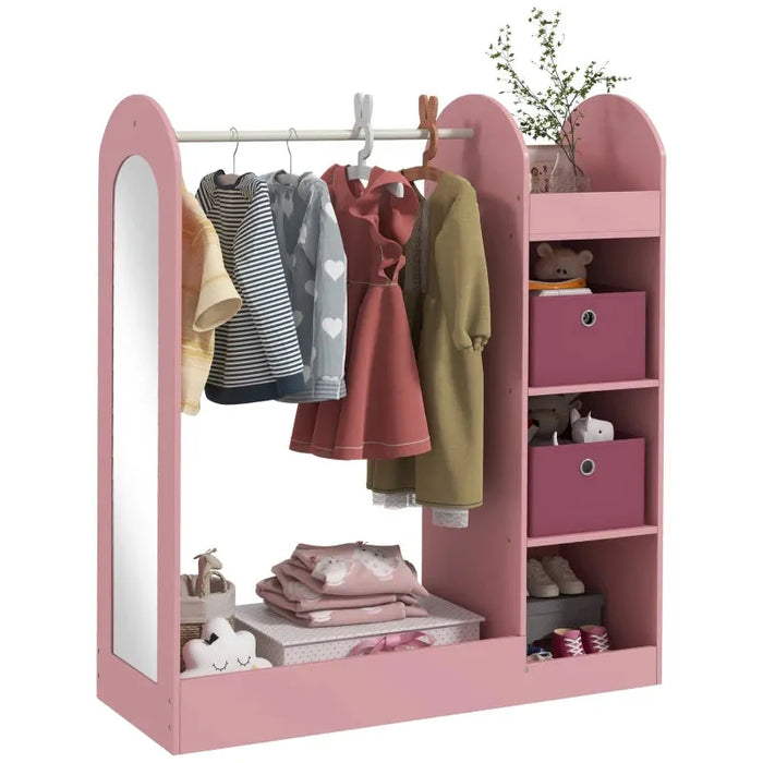 Kids Clothes Rail with Storage Shelf, Boxes and Mirror in Pink - Little and Giant Explorers AIYAPLAY