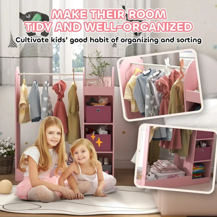 Kids Clothes Rail with Storage Shelf, Boxes and Mirror in Pink - Little and Giant Explorers AIYAPLAY