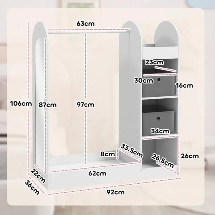 Kids Clothes Rail with Storage Shelf, Boxes and Mirror in White - Little and Giant Explorers AIYAPLAY