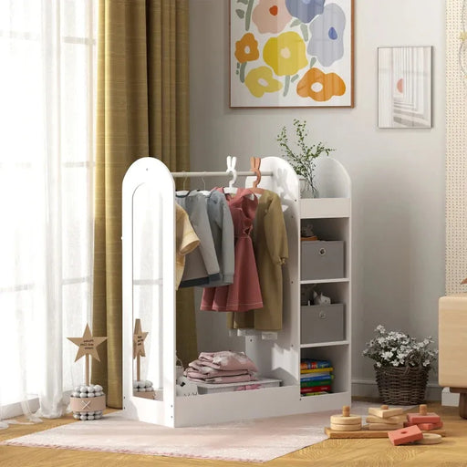 Kids Clothes Rail with Storage Shelf, Boxes and Mirror in White - Little and Giant Explorers AIYAPLAY