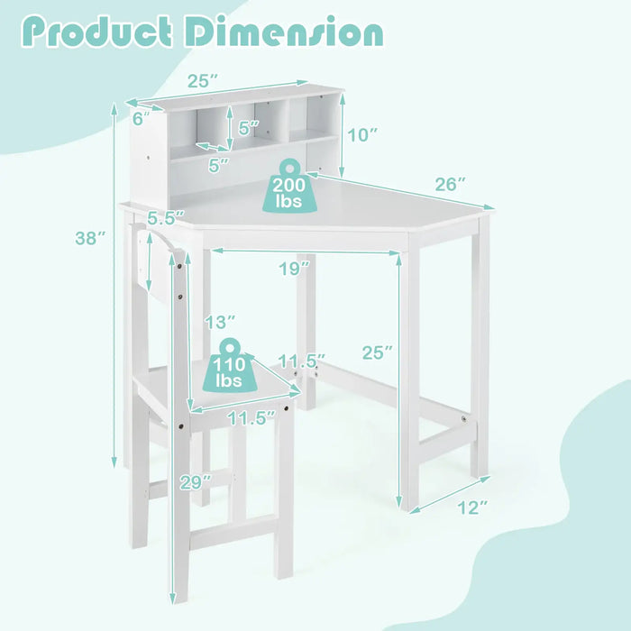 Kids Corner Desk and Chair Set – White | Space-Saving Desk and Storage COSTWAY - Little and Giant Explorers Costway