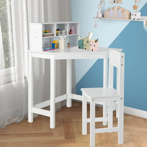 Kids Corner Desk and Chair Set – White | Space-Saving Desk and Storage COSTWAY - Little and Giant Explorers Costway