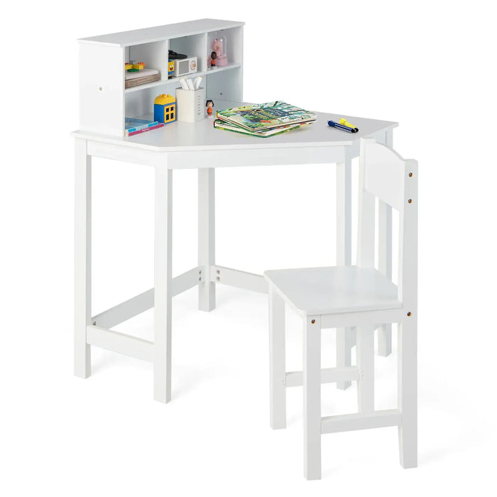 Kids Corner Desk and Chair Set – White | Space-Saving Desk and Storage COSTWAY - Little and Giant Explorers Costway