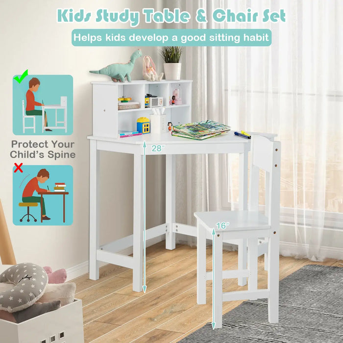 Kids Corner Desk and Chair Set – White | Space-Saving Desk and Storage COSTWAY - Little and Giant Explorers Costway