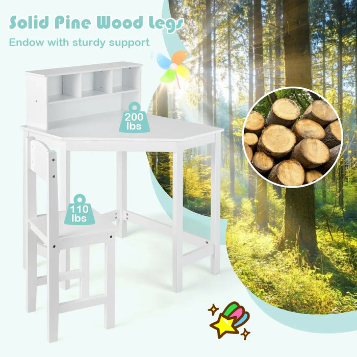 Kids Corner Desk and Chair Set – White | Space-Saving Desk and Storage COSTWAY - Little and Giant Explorers Costway