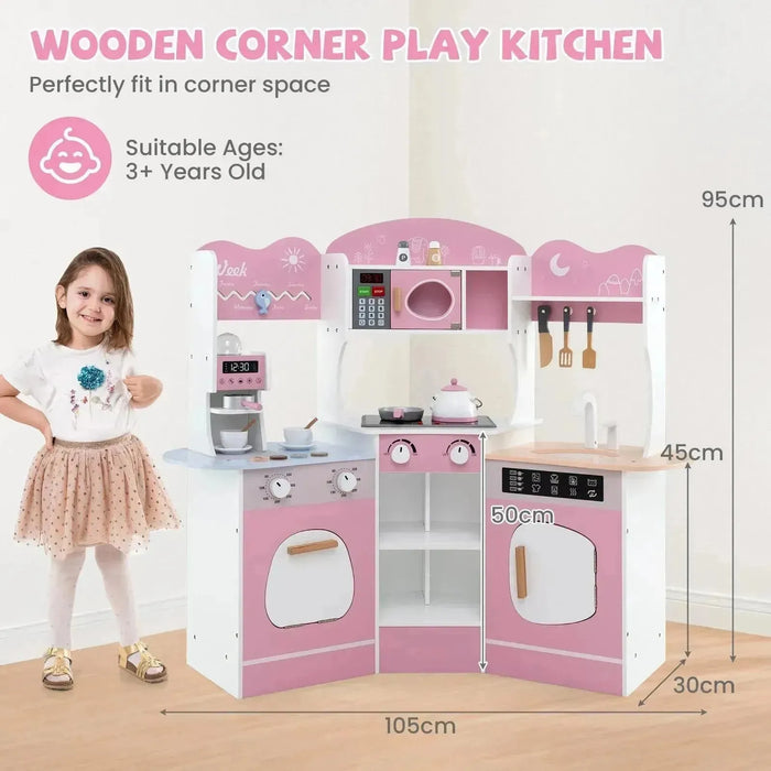 Kids Corner Wooden Play Kitchen with Coffee Machine and Accessories in Pink - Little and Giant Explorers Costway