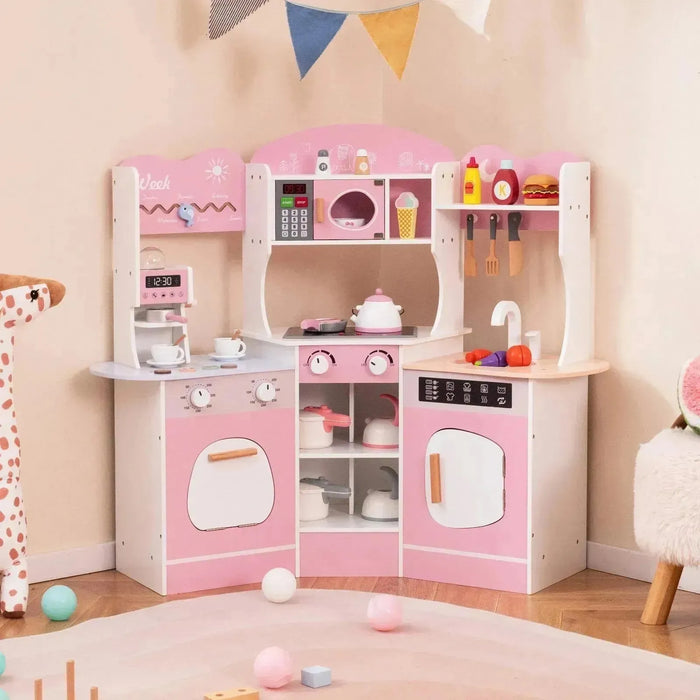 Kids Corner Wooden Play Kitchen with Coffee Machine and Accessories in Pink - Little and Giant Explorers Costway