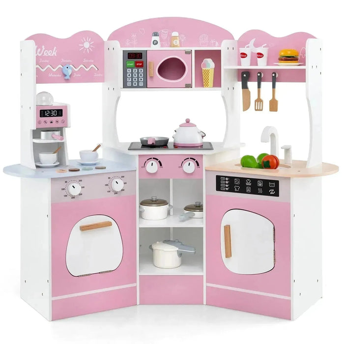 Kids Corner Wooden Play Kitchen with Coffee Machine and Accessories in Pink - Little and Giant Explorers Costway