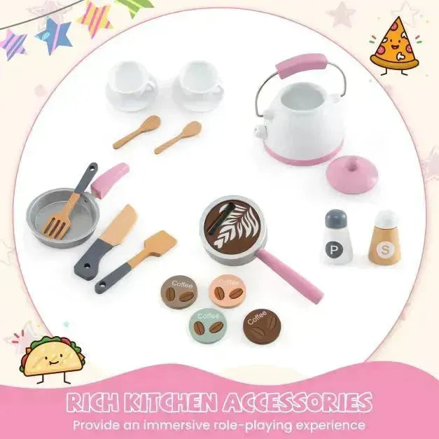 Kids Corner Wooden Play Kitchen with Coffee Machine and Accessories in Pink - Little and Giant Explorers Costway