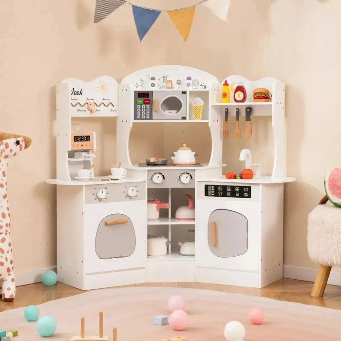 Kids Corner Wooden Play Kitchen with Coffee Machine and Accessories in White - Little and Giant Explorers Costway