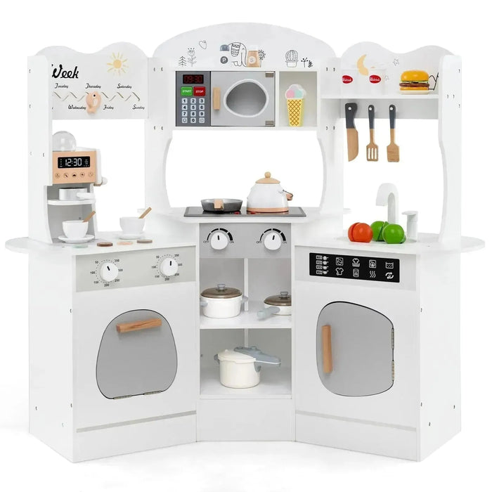 Kids Corner Wooden Play Kitchen with Coffee Machine and Accessories in White - Little and Giant Explorers Costway