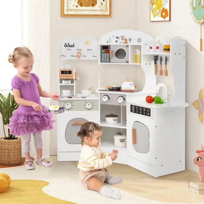 Kids Corner Wooden Play Kitchen with Coffee Machine and Accessories in White - Little and Giant Explorers Costway