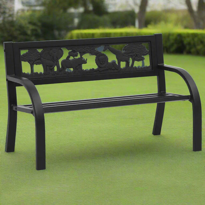 black kids decorative garden bench with animal and plant pattern on green lawn