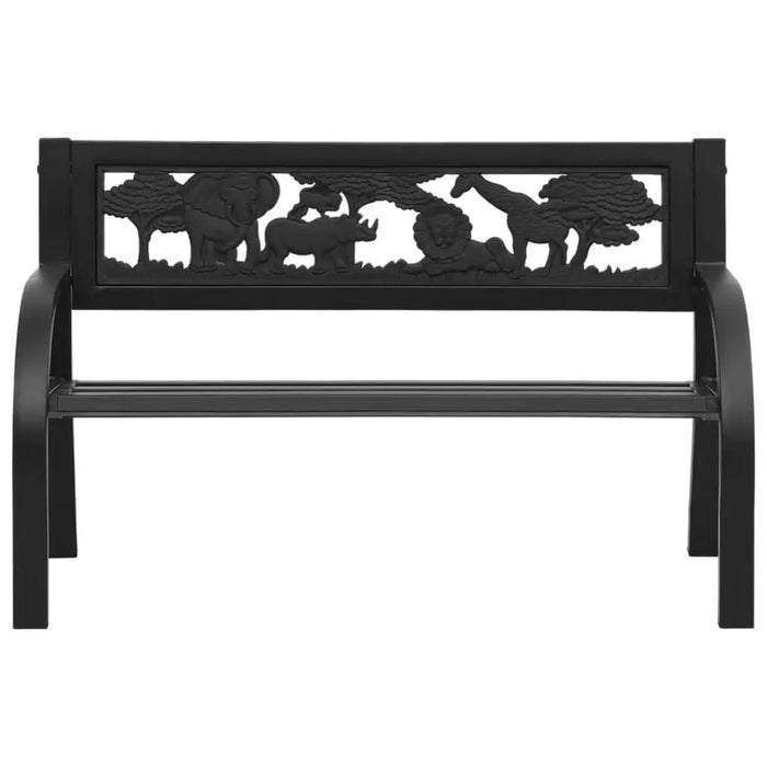 Black steel kids garden bench with animal and plant pattern on backrest