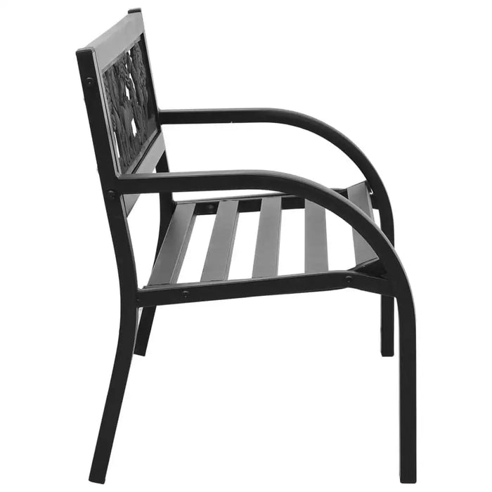 Black steel kids garden bench with animal and plant pattern on backrest, side view