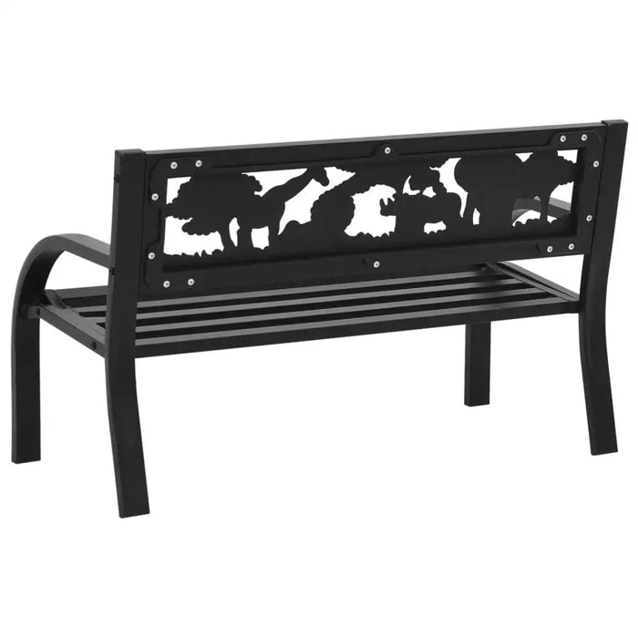 Kids decorative black steel garden bench with animal and plant cutout design on backrest