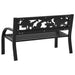 Kids decorative black steel garden bench with animal and plant cutout design on backrest