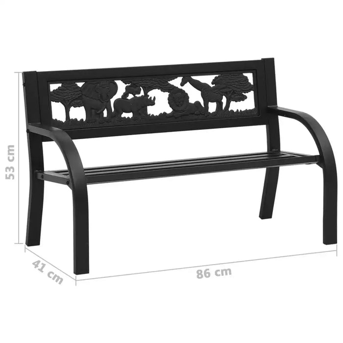 Kids decorative black steel garden bench with animal and plant pattern, 86x41x53cm