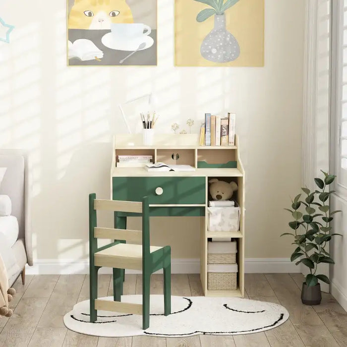 Kids Desk and Chair Set – Green and Natural Wood | Study Table with Shelves AIYAPLAY - Little and Giant Explorers AIYAPLAY
