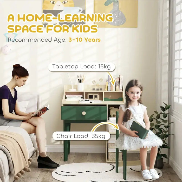Kids Desk and Chair Set – Green and Natural Wood | Study Table with Shelves AIYAPLAY - Little and Giant Explorers AIYAPLAY