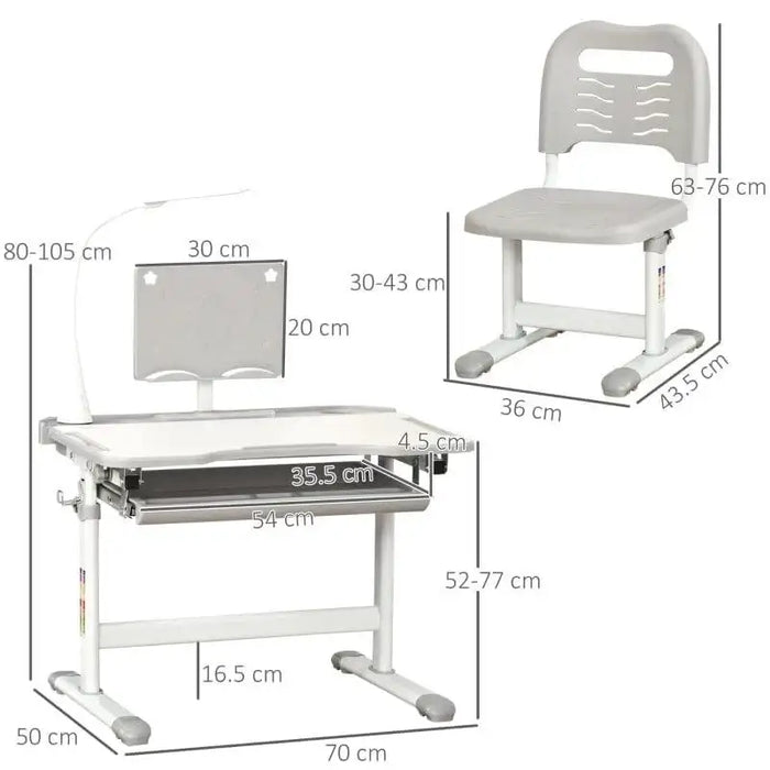 Grey kids desk and chair set with adjustable height, USB lamp, and measurement details shown.