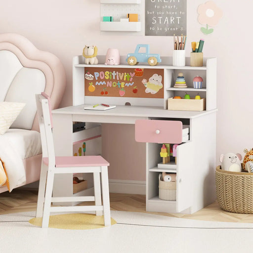 Kids Desk and Chair Set – Pink and White | Study Table - Storage and Bulletin Board COSTWAY - Little and Giant Explorers Costway