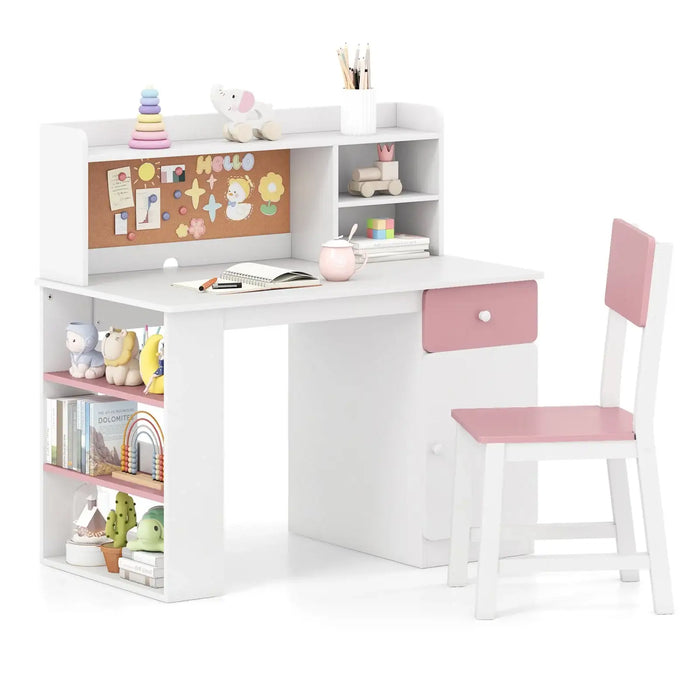 Kids Desk and Chair Set – Pink and White | Study Table - Storage and Bulletin Board COSTWAY - Little and Giant Explorers Costway