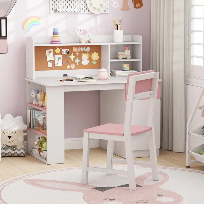 Kids Desk and Chair Set – Pink and White | Study Table - Storage and Bulletin Board COSTWAY - Little and Giant Explorers Costway