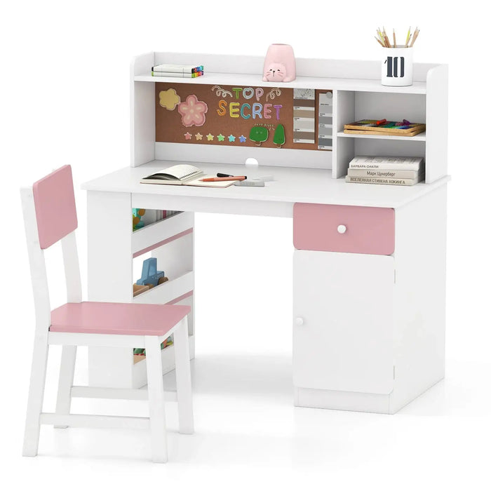 Kids Desk and Chair Set – Pink and White | Study Table - Storage and Bulletin Board COSTWAY - Little and Giant Explorers Costway