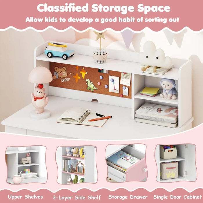 Kids Desk and Chair Set – Pink and White | Study Table - Storage and Bulletin Board COSTWAY - Little and Giant Explorers Costway