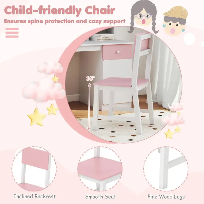 Kids Desk and Chair Set – Pink and White | Study Table - Storage and Bulletin Board COSTWAY - Little and Giant Explorers Costway