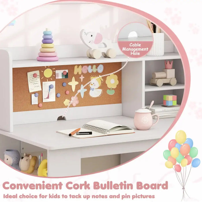Kids Desk and Chair Set – Pink and White | Study Table - Storage and Bulletin Board COSTWAY - Little and Giant Explorers Costway