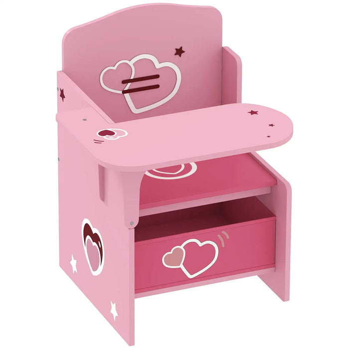 Pink kids desk and chair set with heart and star designs, built-in storage bin, space-saving design