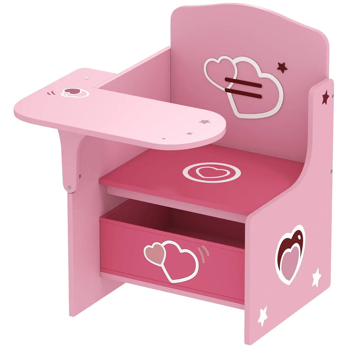 Pink kids desk and chair set with 2-in-1 space-saving design and built-in storage bin, decorated with heart and star motifs