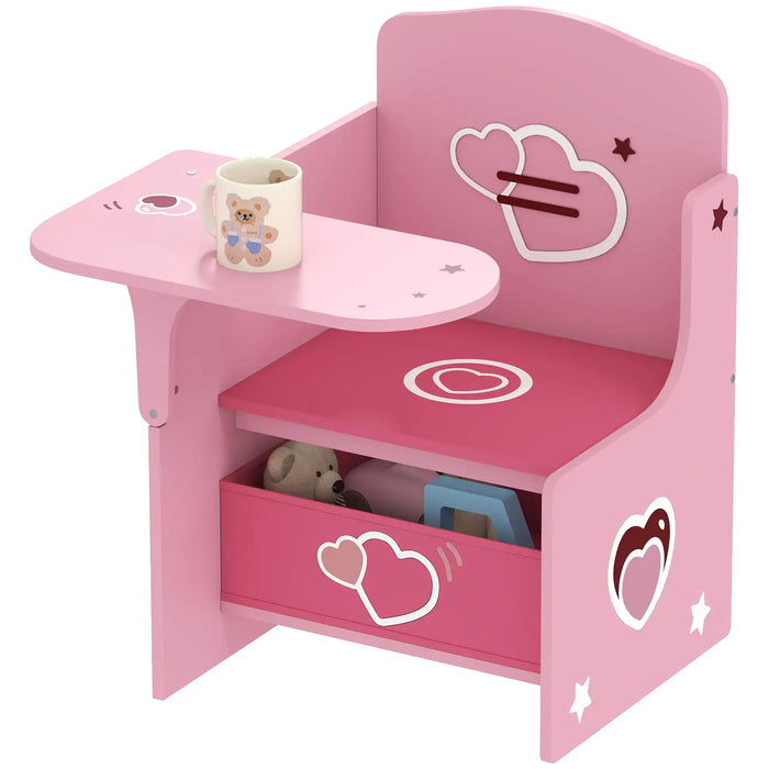 Pink kids desk and chair set with built-in storage bin, heart and star designs, teddy bear mug on desk