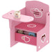 Pink kids desk and chair set with built-in storage bin, heart and star designs, teddy bear mug on desk