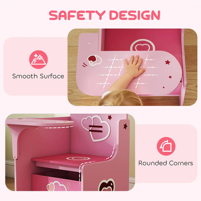 Pink kids desk and chair set with smooth surface and rounded corners, featuring heart designs