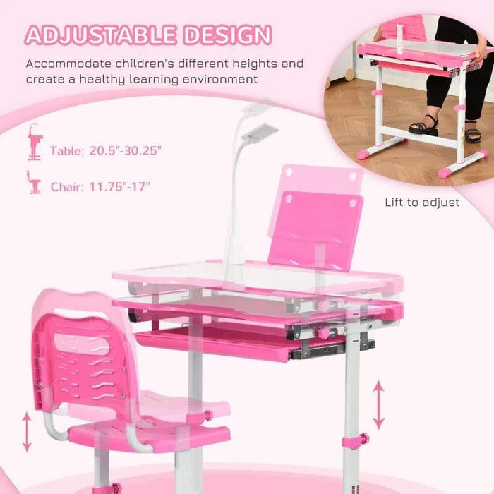 Pink adjustable kids desk and chair set with USB lamp, height adjustable design