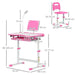 Pink kids adjustable desk and chair set with USB lamp, measurement dimensions visible