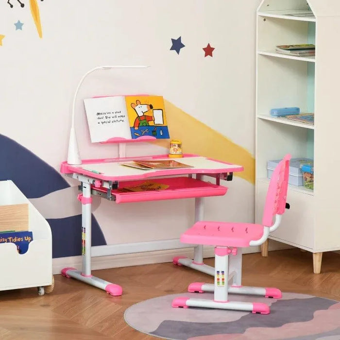 Pink kids desk and chair set with USB lamp in a colorful children's room