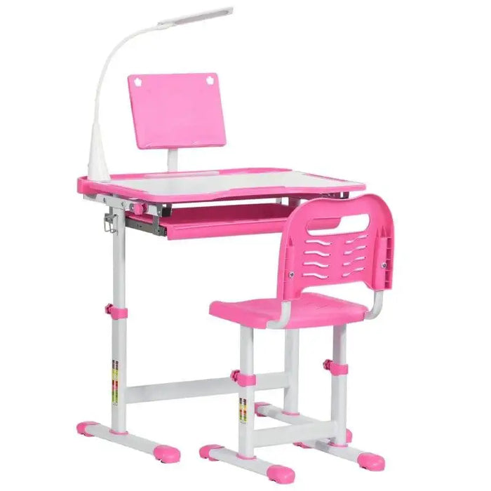 Pink kids adjustable desk and chair set with USB lamp for study or homework