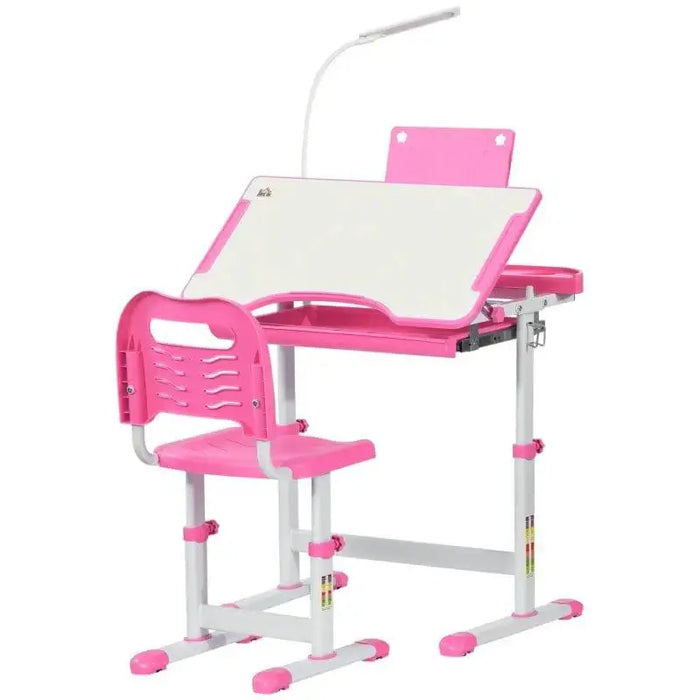 Pink kids desk and chair set with adjustable height and USB lamp