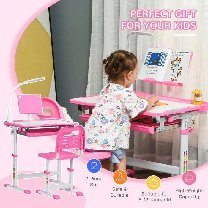 Pink kids adjustable desk and chair set with USB lamp, child drawing at desk