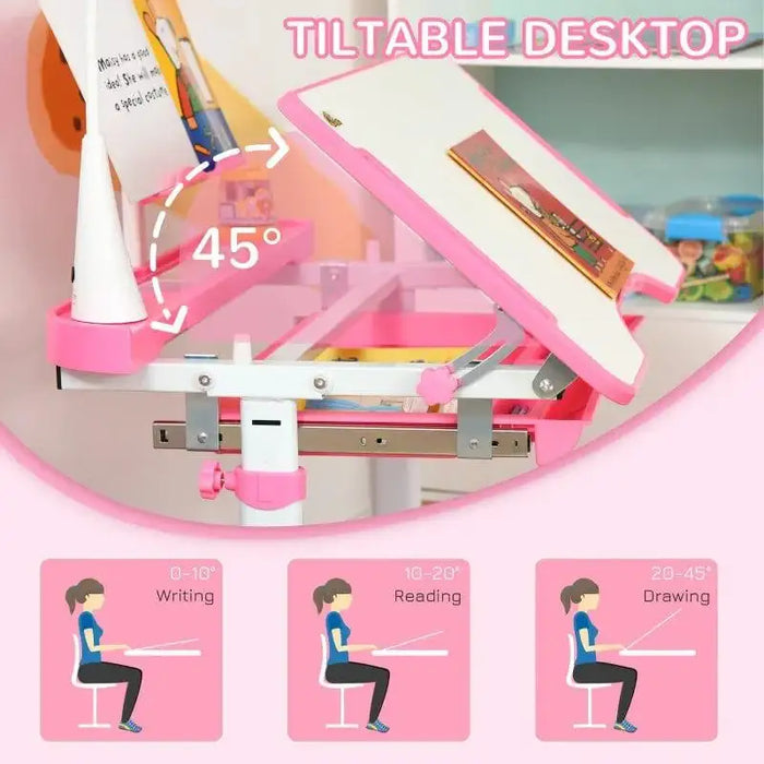 Pink kids desk and chair set with adjustable tiltable desktop and USB lamp, ideal for writing, reading, and drawing.