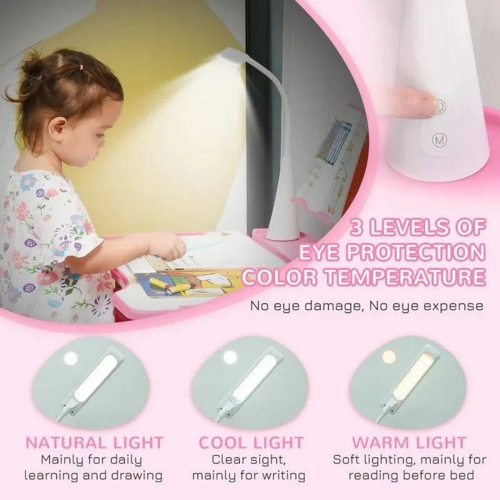 Child using pink kids desk with adjustable USB lamp and eye protection lighting modes
