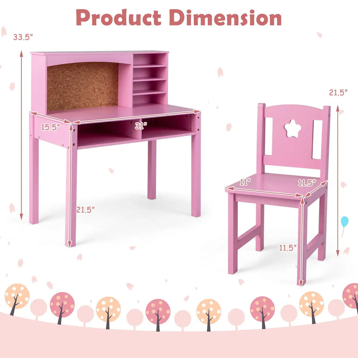 Kids Desk and Chair Set - Pink | Wooden Study Table with Storage and Cork Board COSTWAY - Little and Giant Explorers Costway