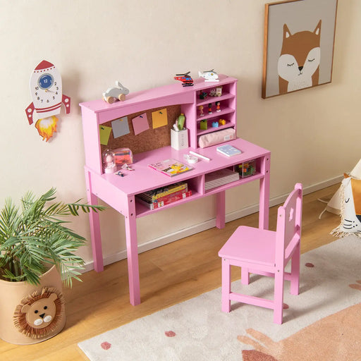Kids Desk and Chair Set - Pink | Wooden Study Table with Storage and Cork Board COSTWAY - Little and Giant Explorers Costway