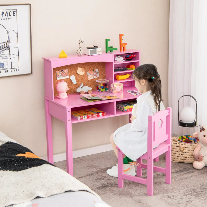 Kids Desk and Chair Set - Pink | Wooden Study Table with Storage and Cork Board COSTWAY - Little and Giant Explorers Costway