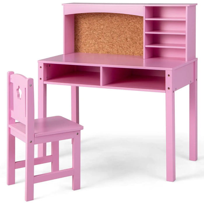 Kids Desk and Chair Set - Pink | Wooden Study Table with Storage and Cork Board COSTWAY - Little and Giant Explorers Costway