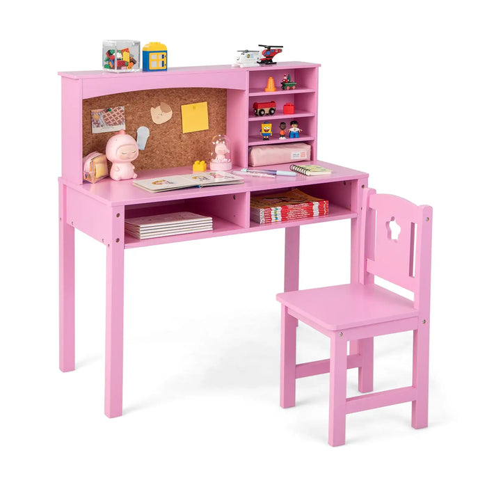 Kids Desk and Chair Set - Pink | Wooden Study Table with Storage and Cork Board COSTWAY - Little and Giant Explorers Costway